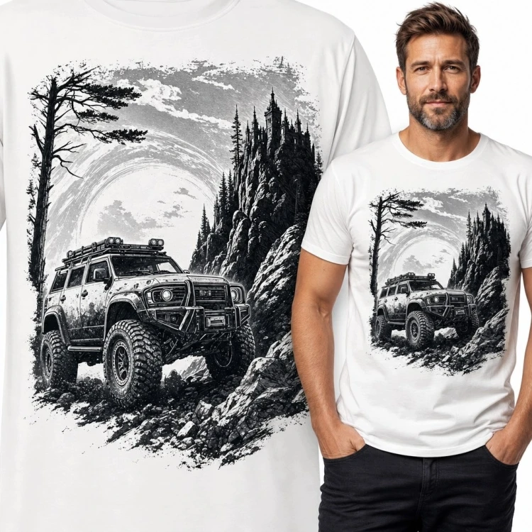 Koszulka męska z terenówką 4x4 z bagażnikiem dachowym - skalisty szlak