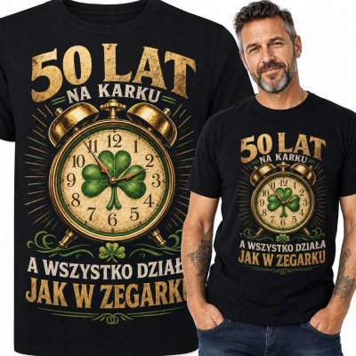 Koszulka męska na 50 urodziny z budzikiem „50 lat na karku” - humorystyczny wzór retro
