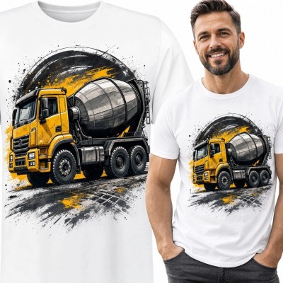 Koszulka męska z żółtą betoniarką - industrialny nadruk grunge