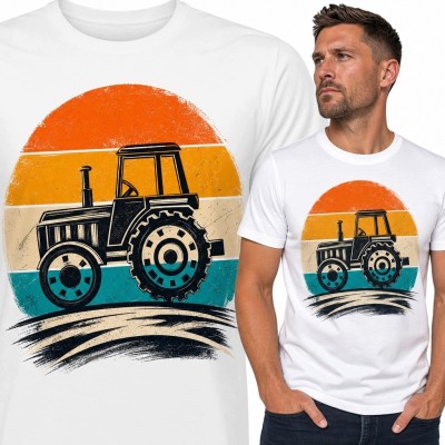 Koszulka męska z ciągnikiem na tle zachodu słońca - styl retro