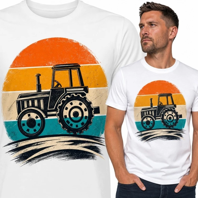 Koszulka męska z ciągnikiem na tle zachodu słońca - styl retro