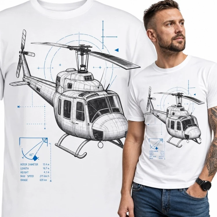 Koszulka męska z technicznym szkicem helikoptera - motyw lotniczy