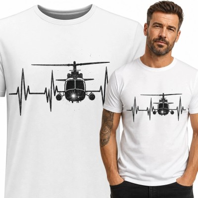 Koszulka męska z helikopterem wojskowym i linią pulsu EKG - lotniczy motyw