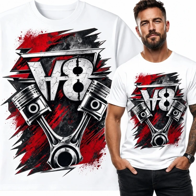 Koszulka męska z silnikiem, tłokami i napisem „V8” - motoryzacyjny grunge