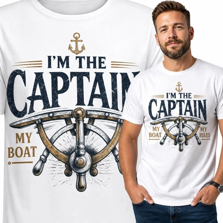 Koszulka męska dla żeglarza „I’m the Captain” - koło sterowe i kotwica