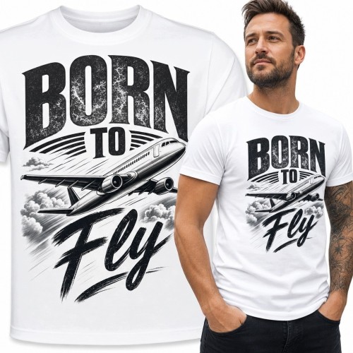 Koszulka męska „Born to Fly” z samolotem pośród chmur - czarny nadruk na bieli