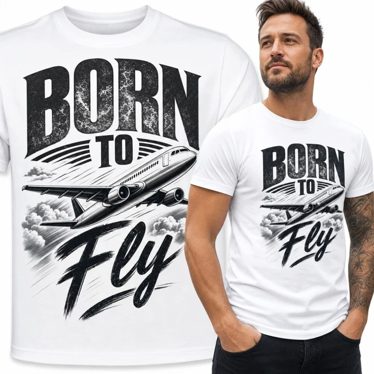 Koszulka męska „Born to Fly” z samolotem pośród chmur - czarny nadruk na bieli