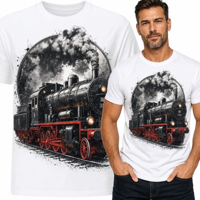 Koszulka męska z zabytkowym parowozem - industrialny motyw retro