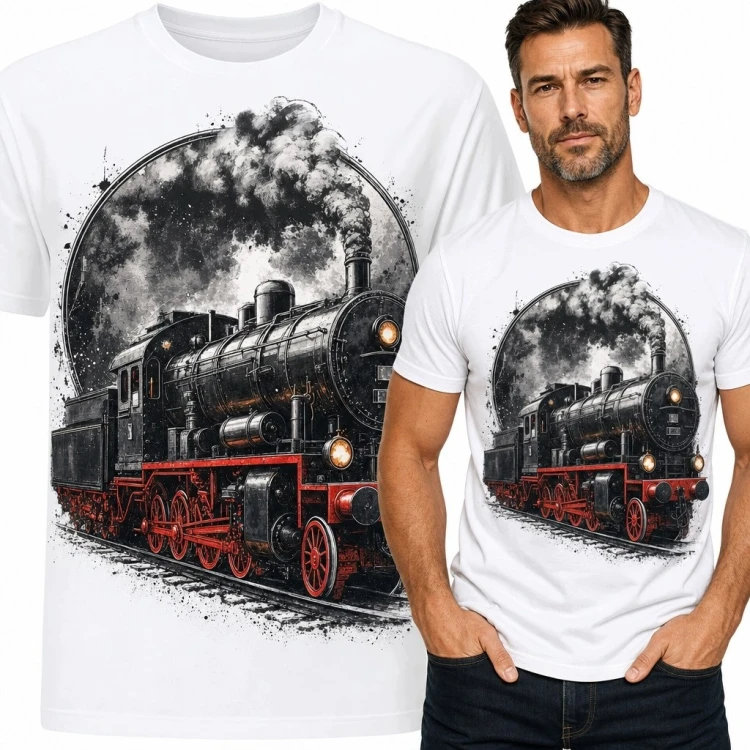 Koszulka męska z zabytkowym parowozem - industrialny motyw retro