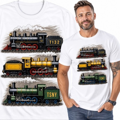 Koszulka męska z trzema lokomotywami parowymi - wzór retro