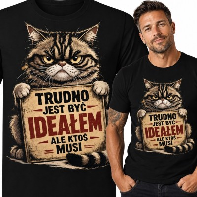 Koszulka męska z kotem „Trudno jest być ideałem, ale ktoś musi” - humor retro