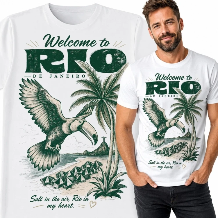 Koszulka męska z Rio de Janeiro, tukanem i palmami „Welcome to Rio de Janeiro” - retro