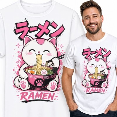 Koszulka męska z kotem jedzącym ramen i napisem „ラーメン”