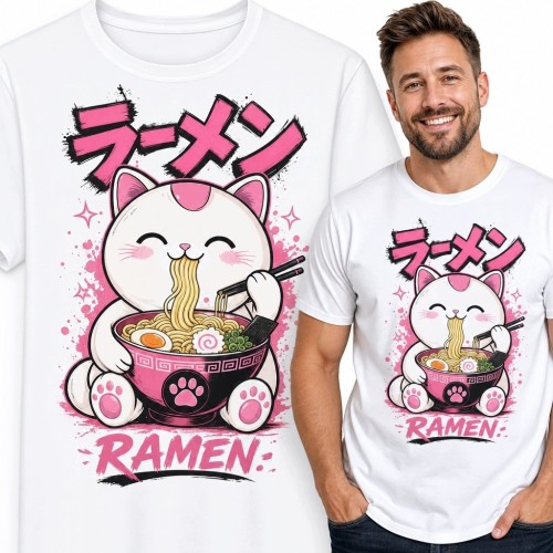 Koszulka męska z kotem jedzącym ramen i napisem „ラーメン”