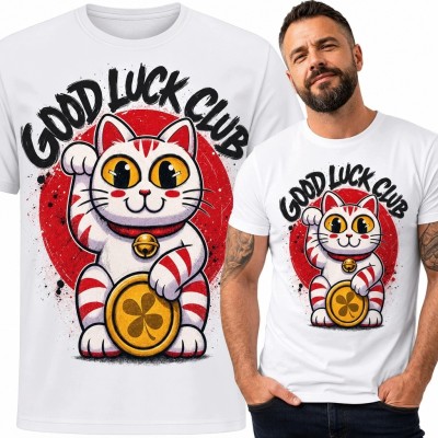 Koszulka męska z kotem maneki-neko „Good Luck Club” - japoński motyw szczęścia