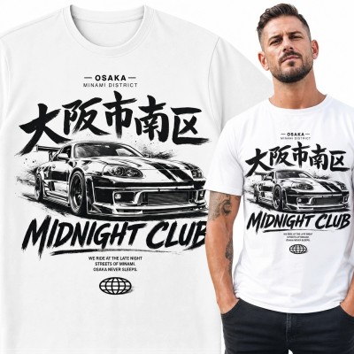 Koszulka męska JDM z japońskim samochodem „Midnight Club” - nocna Osaka
