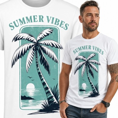 Koszulka męska z palmą nad morzem „Summer Vibes” - wakacyjny motyw retro