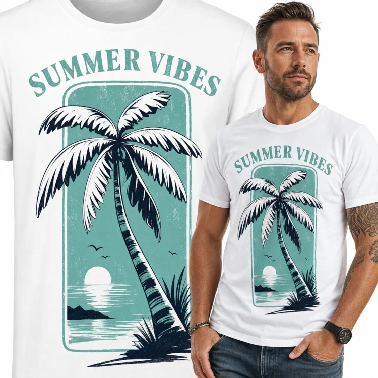 Koszulka męska z palmą nad morzem „Summer Vibes” - wakacyjny motyw retro