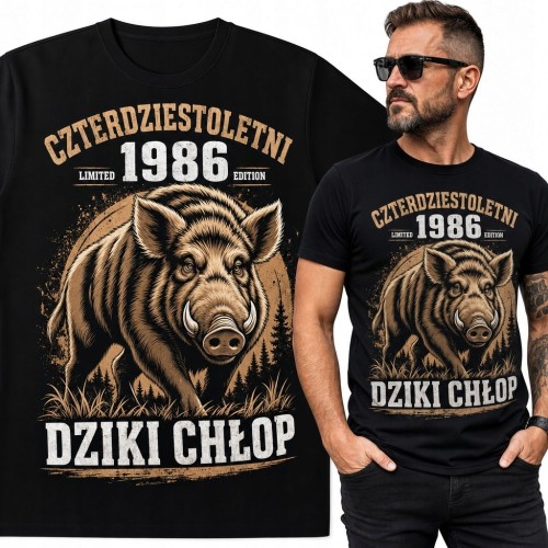Koszulka męska z dzikiem „Dziki chłop” na 40 urodziny - rocznik 1986