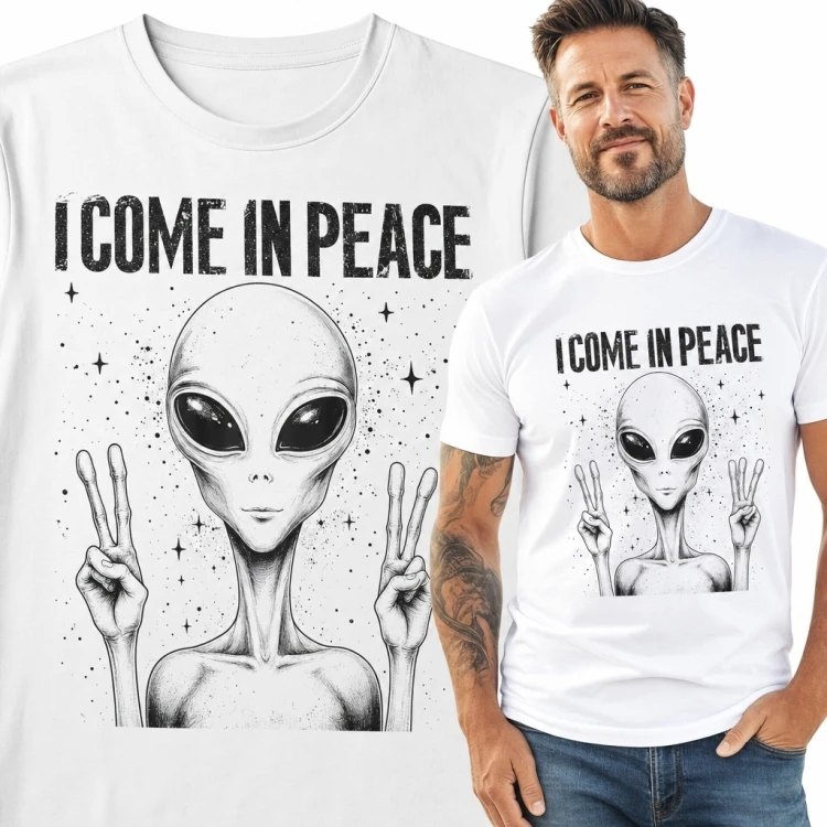 Koszulka męska z kosmitą „I come in peace” - humorystyczny motyw UFO