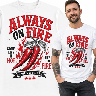 Koszulka męska z papryczkami chili „Always on Fire” - dla fanów ostrego jedzenia