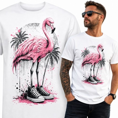 Koszulka męska z różowym flamingiem w trampkach - tropikalny streetwear