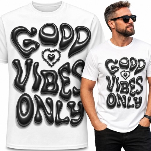 Koszulka męska z napisem „Good vibes only” i sercem - czarny nadruk 3D