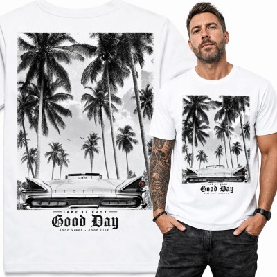 Koszulka męska z klasycznymi samochodami „Good Day” - tropikalny motyw retro
