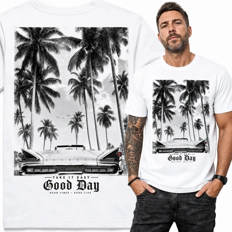 Koszulka męska z klasycznymi samochodami „Good Day” - tropikalny motyw retro