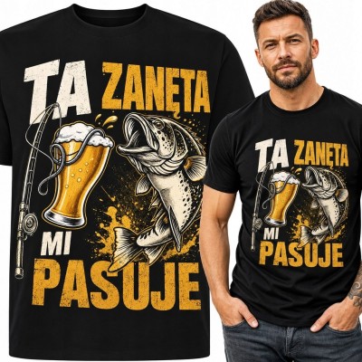 Koszulka męska dla wędkarza „Ta zanęta mi pasuje” - ryba i kufel piwa
