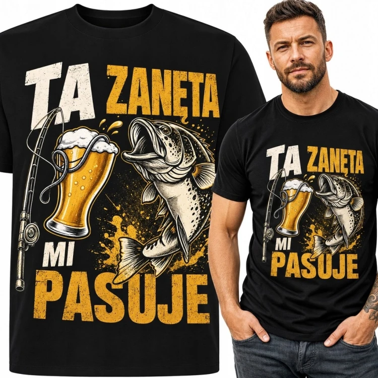 Koszulka męska dla wędkarza „Ta zanęta mi pasuje” - ryba i kufel piwa