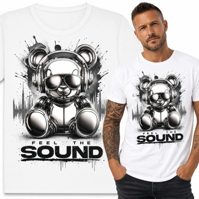 Koszulka męska z robotycznym misiem „Feel the Sound” - muzyczny streetwear