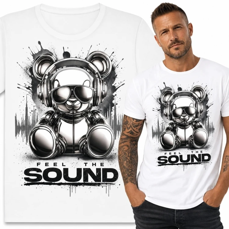 Koszulka męska z robotycznym misiem „Feel the Sound” - muzyczny streetwear