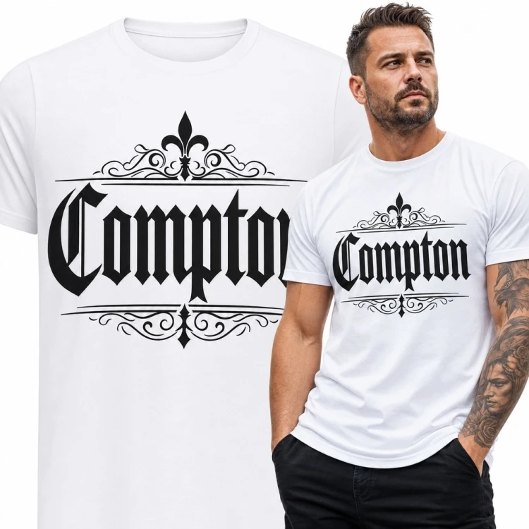 Koszulka męska z gotyckim napisem „Compton” - miejski streetwear