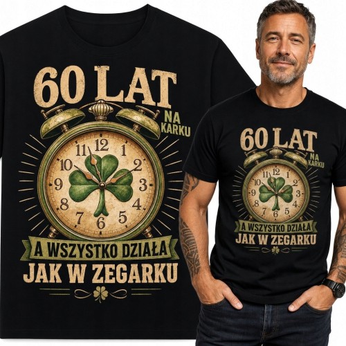 Koszulka męska na 60 urodziny z retro budzikiem - „60 lat” i „A wszystko działa jak w zegarku”