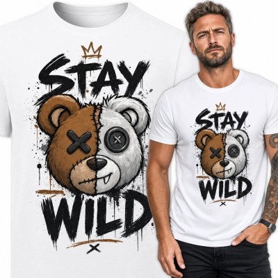 Koszulka męska z misiem graffiti „Stay Wild” - streetwear