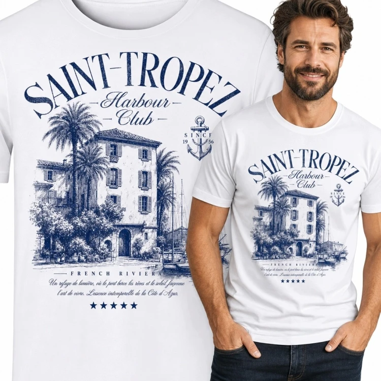 Koszulka męska „Saint-Tropez Harbour Club” z willą i palmami - marynistyczne retro