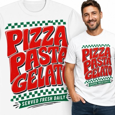 Koszulka męska „Pizza Pasta Gelato” - włoski motyw retro