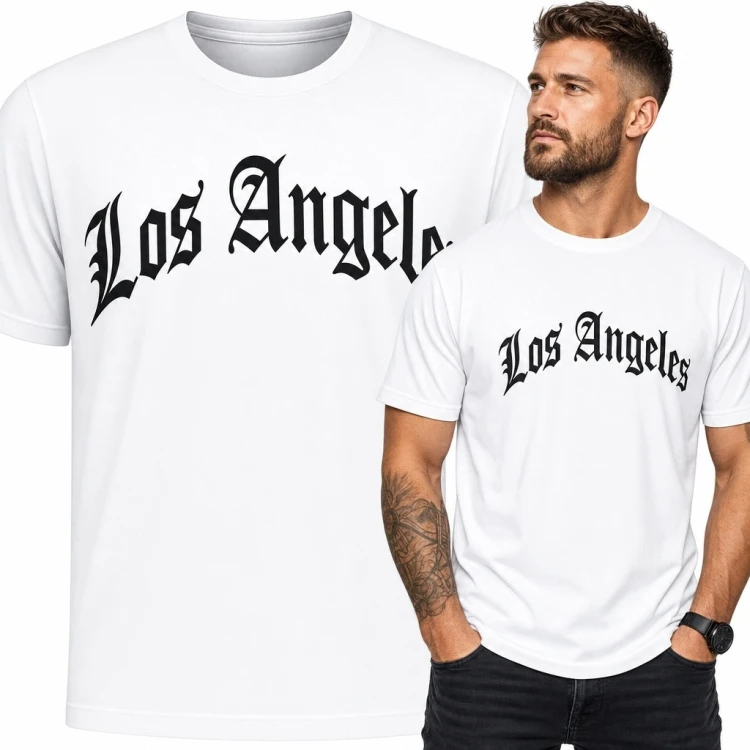 Koszulka męska z gotyckim napisem „Los Angeles” - miejski styl