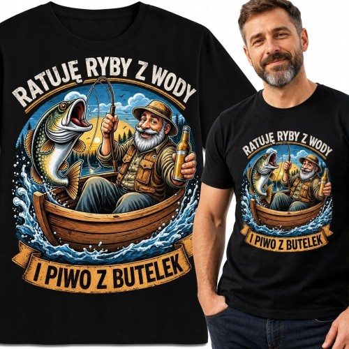 Koszulka męska dla wędkarza „Ratuję ryby z wody i piwo z butelek” - humor z piwną puentą