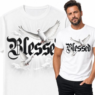 Koszulka męska z gołębiami i napisem „Blessed” - duchowy motyw