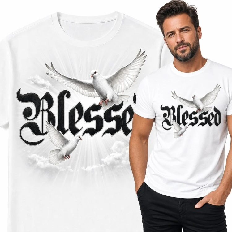 Koszulka męska z gołębiami i napisem „Blessed” - duchowy motyw
