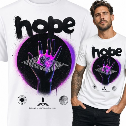Koszulka męska z neonową dłonią i napisem „Hope” - futurystyczny nadruk