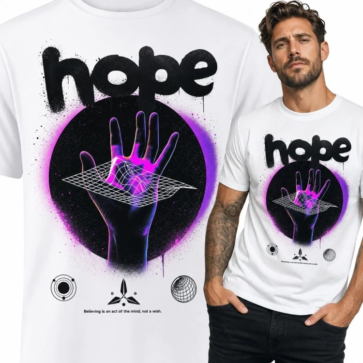 Koszulka męska z neonową dłonią i napisem „Hope” - futurystyczny nadruk