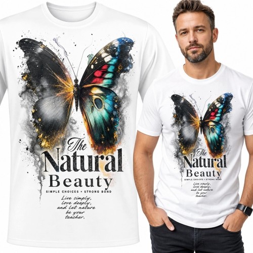Koszulka męska z akwarelowym motylem „The Natural Beauty” - artystyczny nadruk
