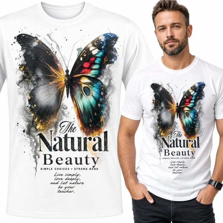 Koszulka męska z akwarelowym motylem „The Natural Beauty” - artystyczny nadruk