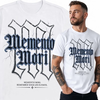 Koszulka męska z gotyckim napisem „Memento Mori” - mroczny motyw