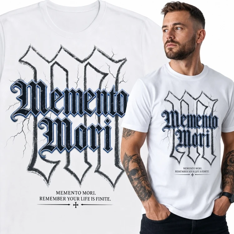 Koszulka męska z gotyckim napisem „Memento Mori” - mroczny motyw