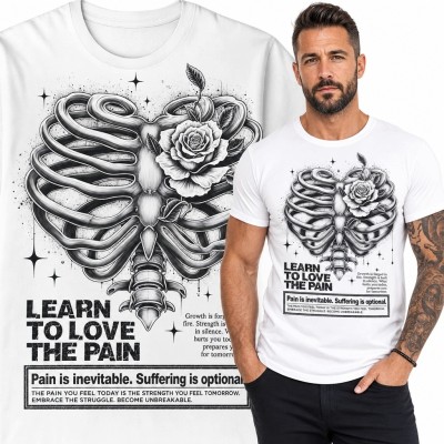 Koszulka męska z klatką żebrową i różą - „Learn to Love the Pain”