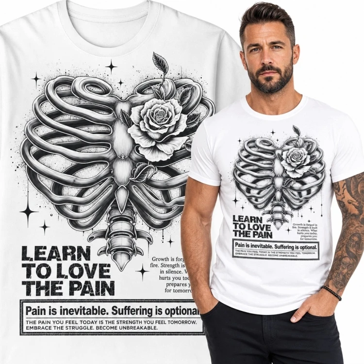 Koszulka męska z klatką żebrową i różą - „Learn to Love the Pain”